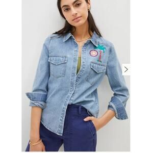Anthropologie X Mare Mare Cecily Embroidered Denim Front Top Small  Blue